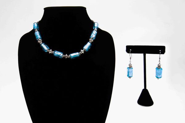 Ankas Sterling Silver Necklace Set with Blue Murano Glass Jewelry