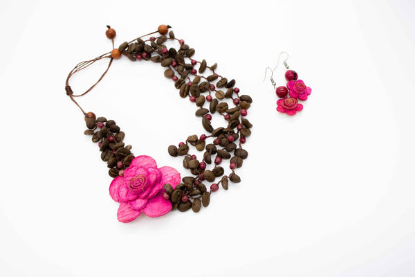 A necklace with brown beads and pink flower-shaped pendants, accompanied by a pair of matching earrings with pink flower-shaped pendants.